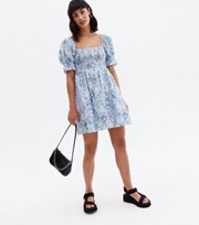 New Look Blue Floral Shirred Square Neck Mini Dress